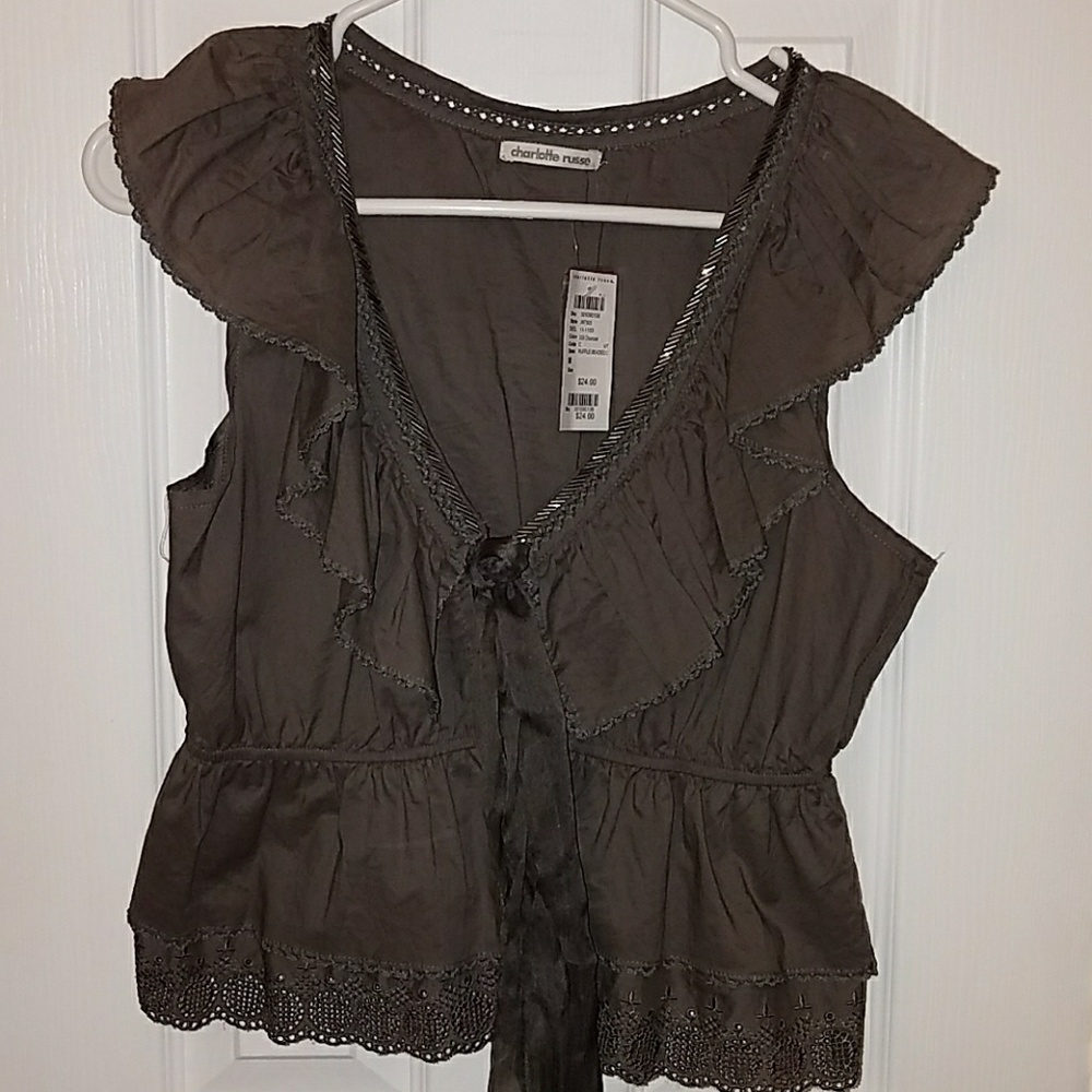 Charlotte Russe gray ruffle Beaded vest with ribbo